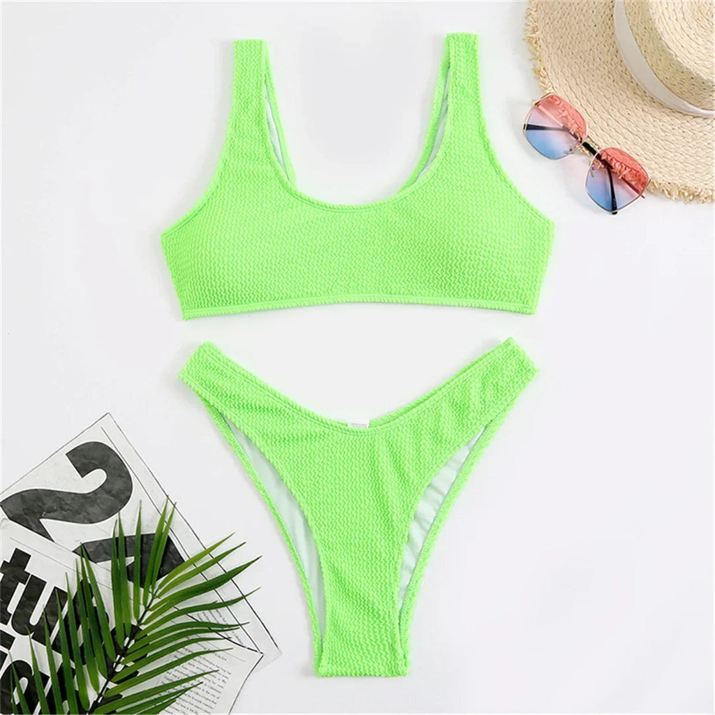 8 Colors High Cut Wrinkled Crinkled Bikini Female Swimsuit Two-Pieces Bikini Set Women Swimwear Bather Bathing Suit Swim V3461C