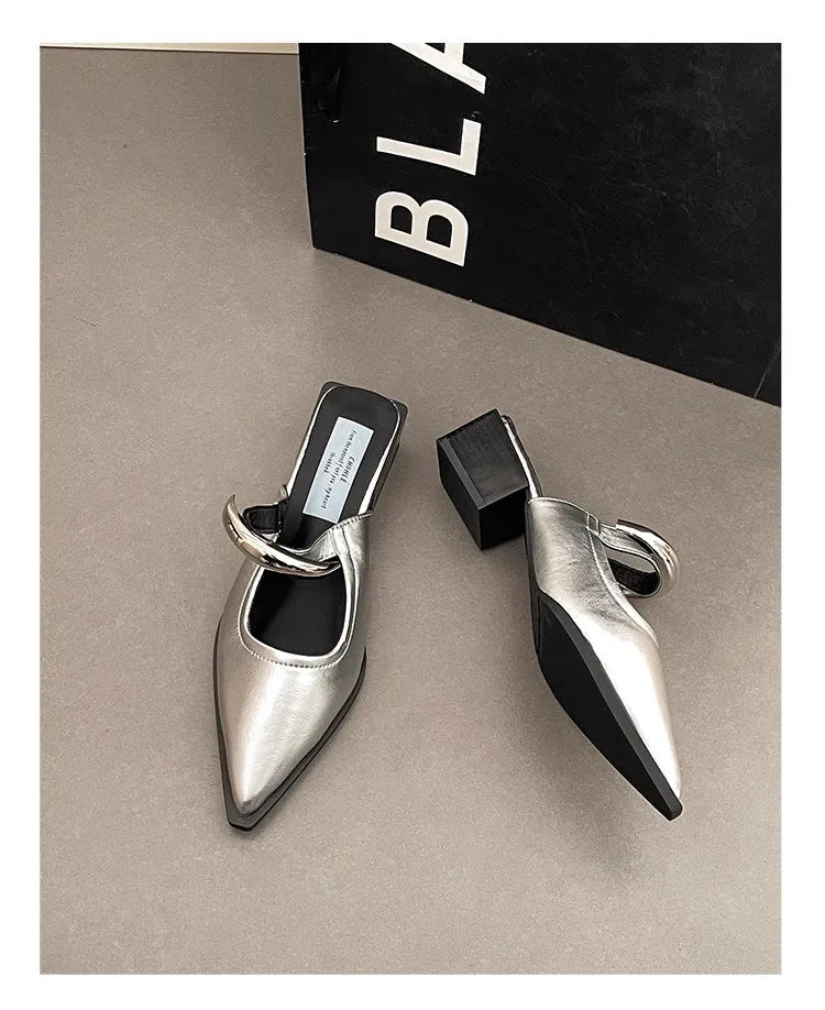 2026 New Summer Women Cover Toe Mules Slippers Fashion Metal Decoration Thick Heel Slide Shoes Comfort Street Style Footwear