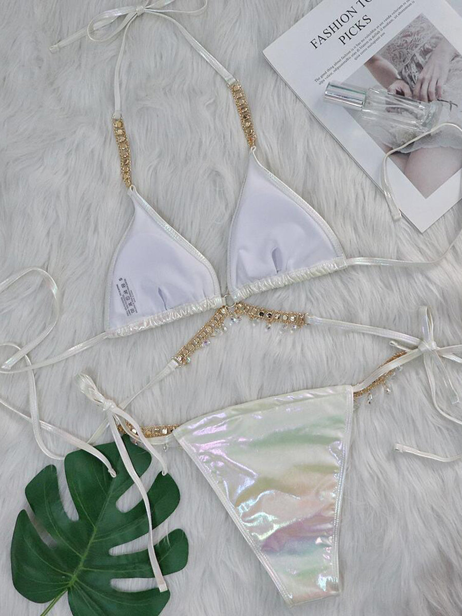 Wrap Around Halter Metal Chains Bikinis 2025 Diamond Bikini Women Swimsuit Female Swimwear Two Pieces Bikini set Bathing Suit