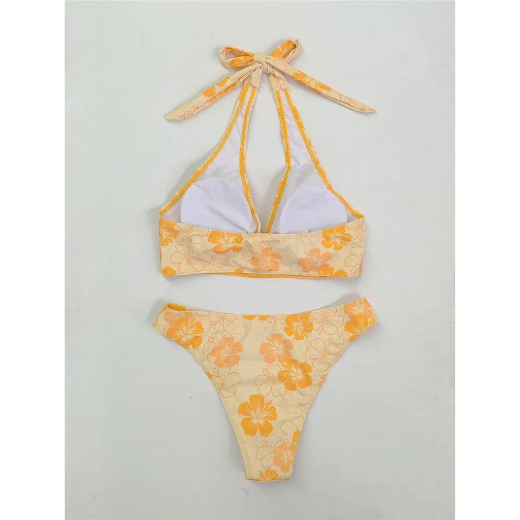 S - XL With Skirt Printed Halter Bikini Female Swimsuit Women Swimwear Three-Pieces Bikini Set Bather Bathing Suit Swim V8230