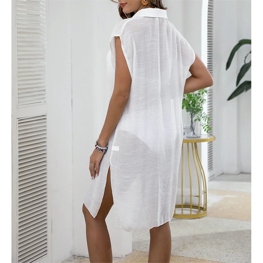 New White Shirt Short Sleeve Long Top Blouse Tunic Beach Dress Beach Wear Beachwear Beach Cover Up Cover-upsFemale Women V6330