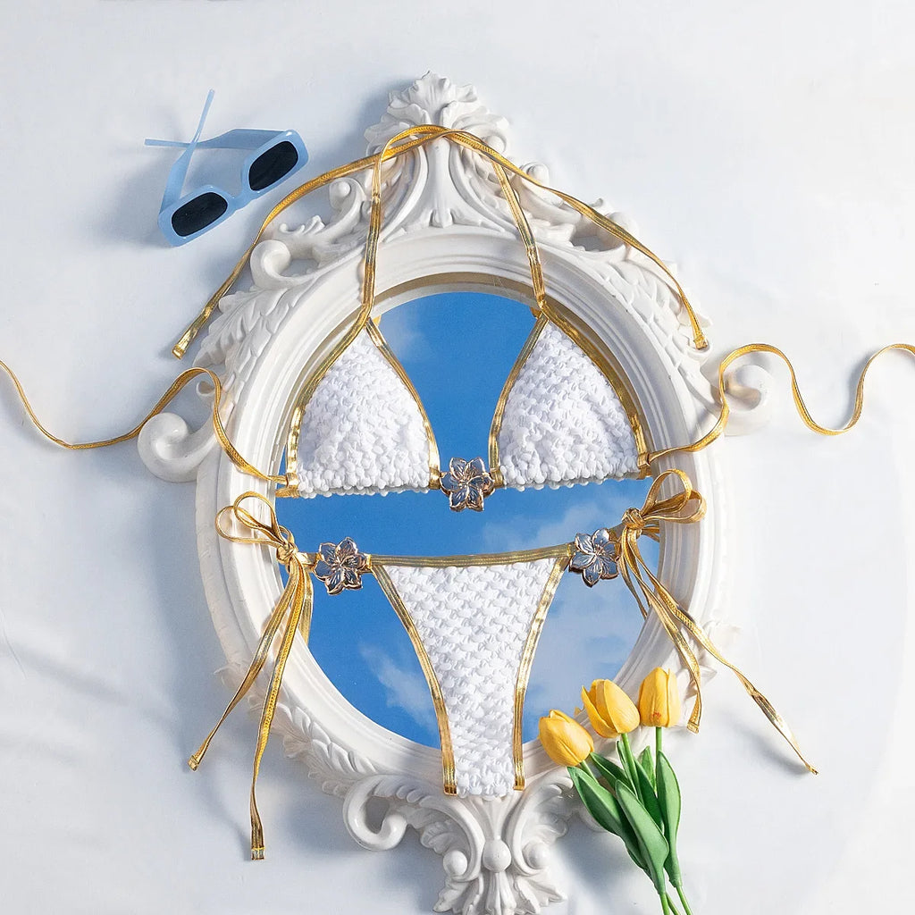 Sexy White Gold Patchwork Bikini Set 2026 Women Metal Starfish Push Up Tie Side Thong Swimsuit Beach Bathing Suit Micro Swimwear
