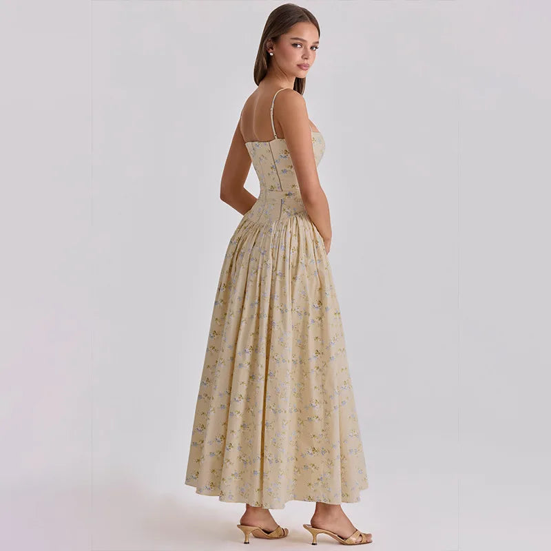 FDYOUI 2026 Summer Floral Print Spaghetti Strap Dress for Woman Elegant Sleeveless High Waist Long Party Evening Dresses Pink