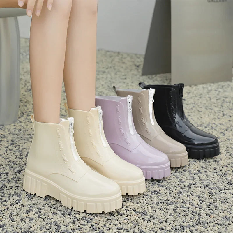 Women Thick Soled Rain Boots Non-Slip Fashion Outdoor Wear-resistant Rubber Waterproof Shoes Women Jelly Soft Soled Rain Boots