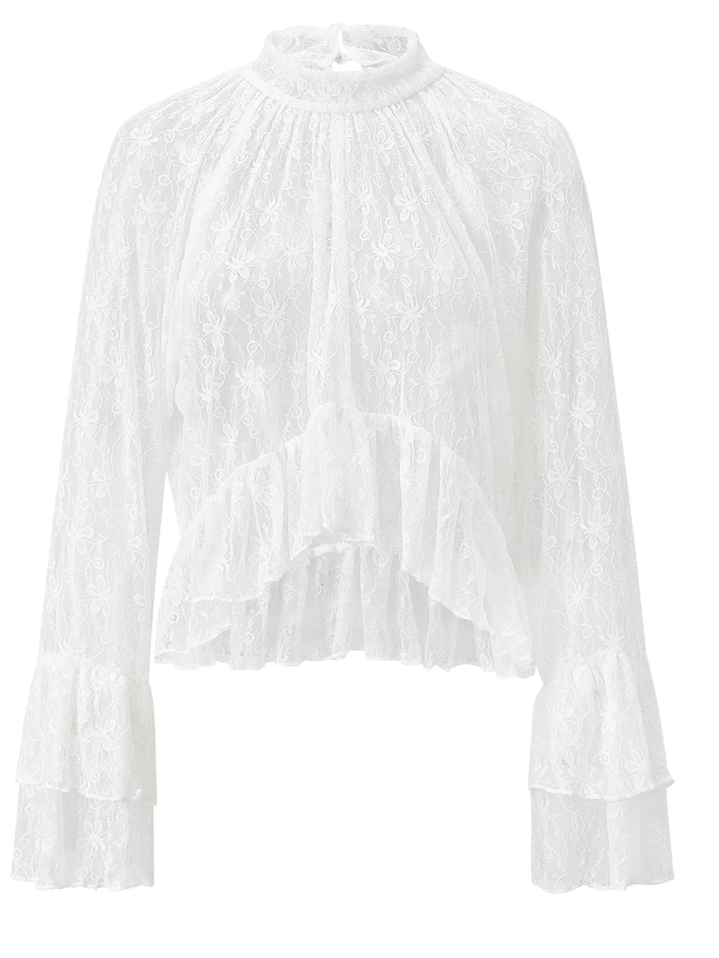 Womens Lace Floral Sheer Blouse Flare Long Sleeve Mock Neck Ruffle Peplum Hem Cropped Shirts Elegant Sexy Cover-ups Tops
