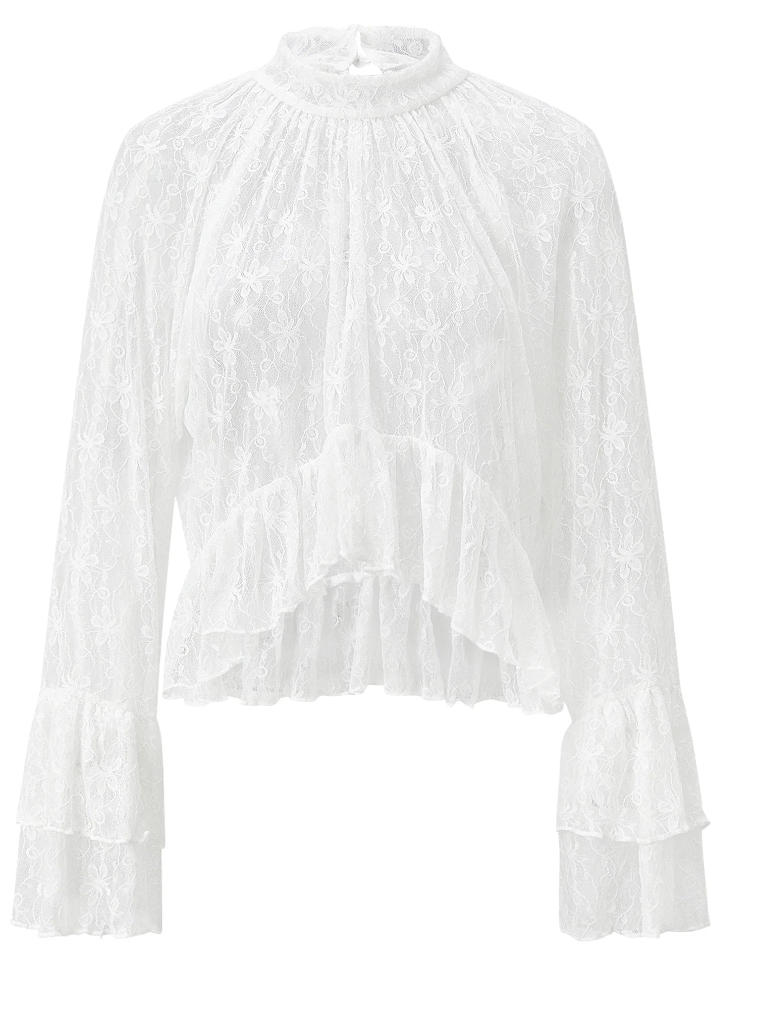 Womens Lace Floral Sheer Blouse Flare Long Sleeve Mock Neck Ruffle Peplum Hem Cropped Shirts Elegant Sexy Cover-ups Tops