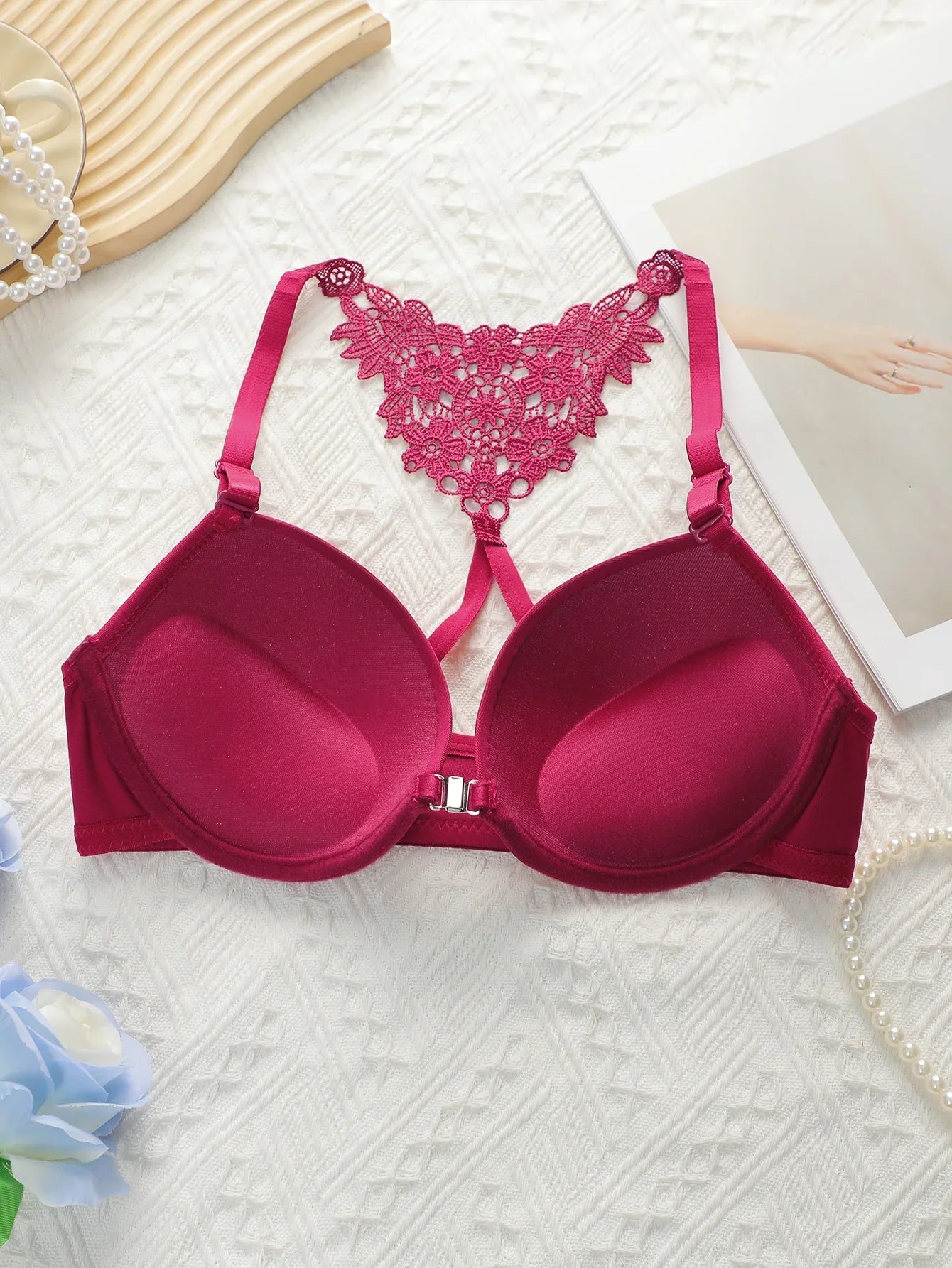 Women's Front Buckle Design Underwear Set Sexy Lace Rear Underwear Pulling Up Bra Black+Wine Red 2-piece Set A2130
