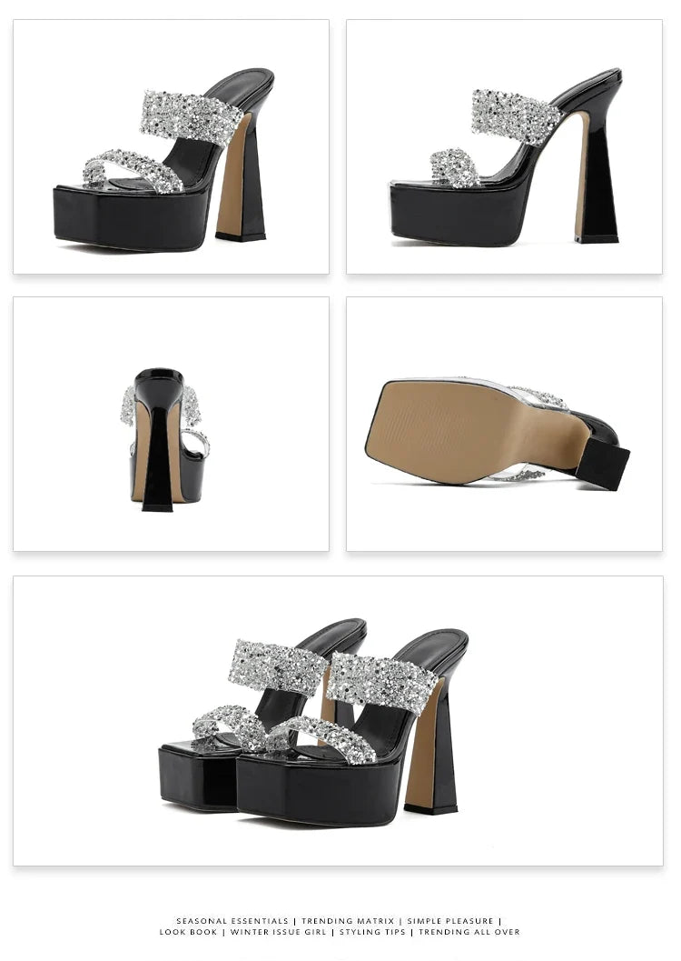 Summer 2026 Crystal Shiny Hollow Out High Heels Women's Sandals Fashion Sexy Size 35-41 Glittering PU Upper Rubber Sole