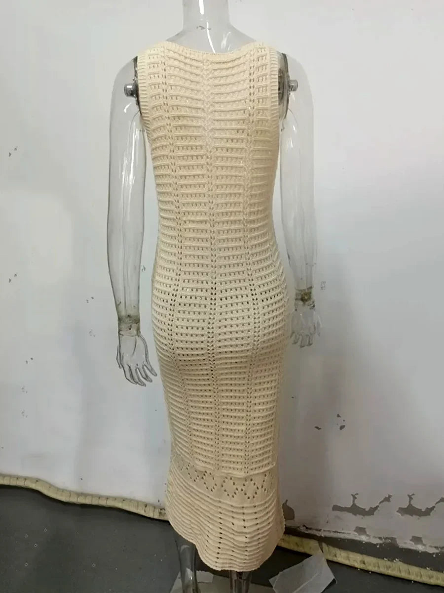 S - XL 2025 V Neck Hollow Out Crochet Knitted Tunic Beach Cover Up Long Cover-ups Beach Dress Beach Wear Beachwear Female Women