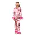 2 Piece Satin Pajama Set Women Feather Trim Long Sleeve Button Up Shirt Tops + Long Pants Set Sleepwear Loungewear