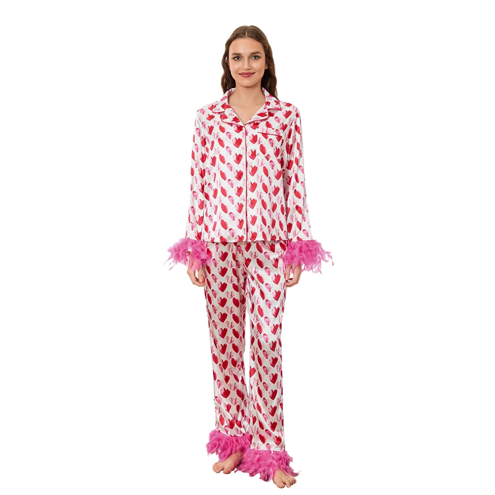 2 Piece Satin Pajama Set Women Feather Trim Long Sleeve Button Up Shirt Tops + Long Pants Set Sleepwear Loungewear