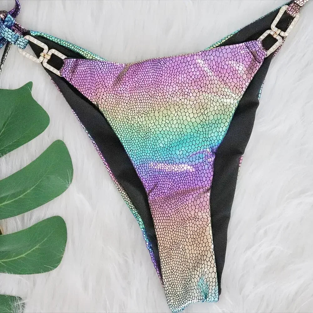 Sexy Purple Gradient Laser Bikini Set Women Shiny Snakeskin Push Up Swimsuit 2025 Luxury Rhinestone Bathing Suit Thong Swimwear