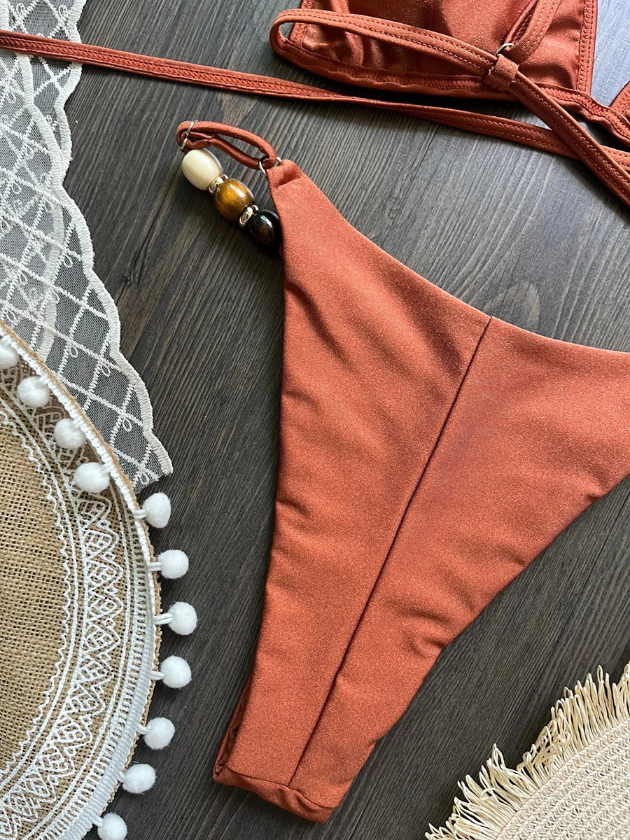 Cross Bandage Beads Bikinis 2026 Push Up Bra Bikini Women Swimwear Female Swimsuit Two-pieces Bikini Set Bathing Suit Swim Lady