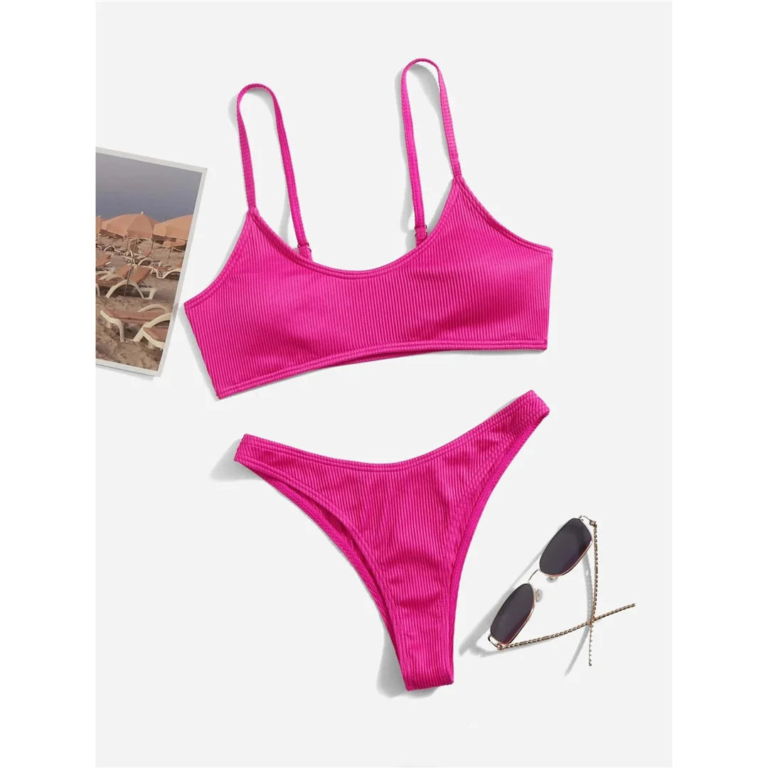Ribbed High Leg Cut Bikini Female Swimsuit Women Swimwear Two-Pieces Bikini Set Brazilian Padded Bather Bathing Suit Swim V7126