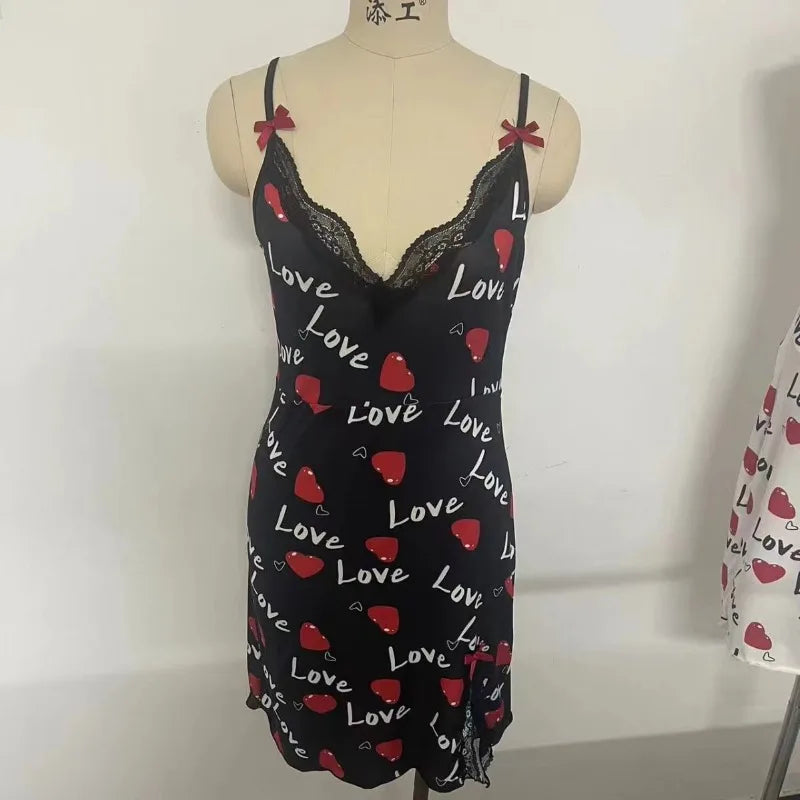 Lace Edge V-Neck Sling Side Split Sleepwear Women's Printed Love Letter Black Home Sling Dress Pajamas