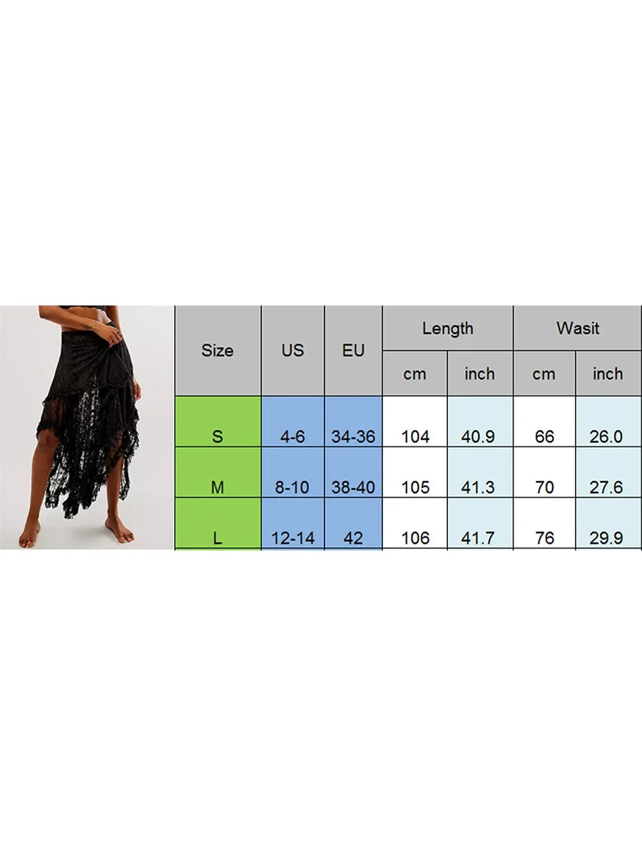 Women's Solid Color Midi Skirts Lace Elastic High Waist Skirts Spring Summer Sweet Irregular Hem Casual Skirts