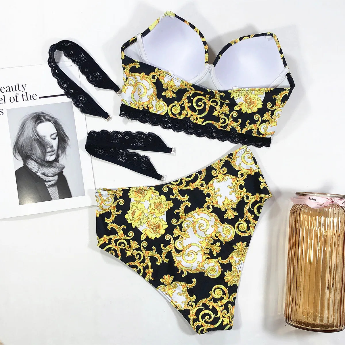 Bikini 2026 Sexy Lace Straps High Waist Swimwear Swimsuit Women Push Up Print Bikini Set Bathing Suit Beach Bikini Taille Haute
