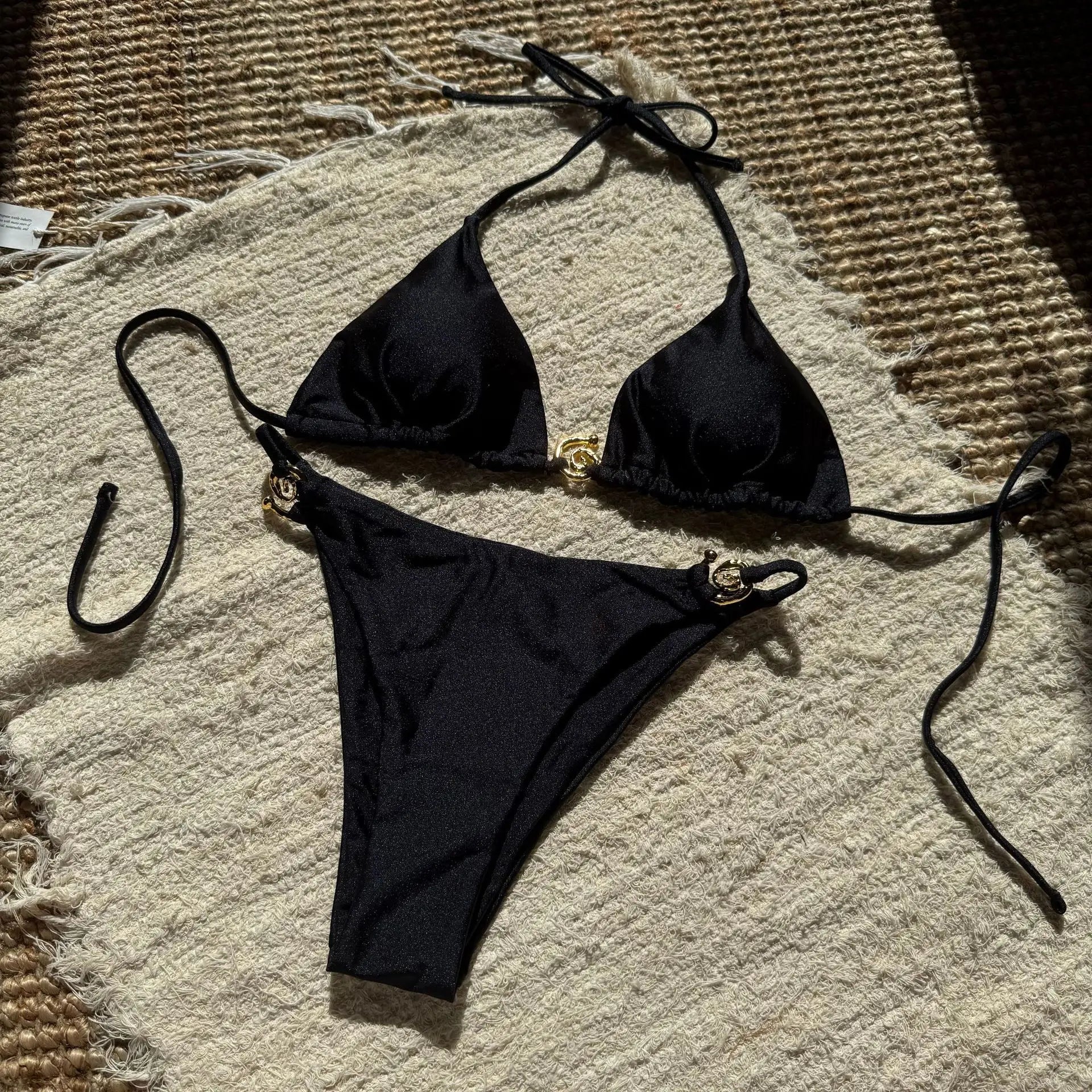 sexy glitter metal halter tie bikinis sets two pieces thong swimsuit bathing suit swimwear biquini bakini tankini trikini