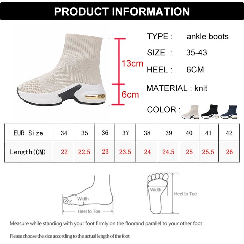 2025 Thick Bottom Knitted Ankle Boots Women Comfort Breathable Platform Sock Shoes Woman Plus Size Wedges Short Booties Mujer
