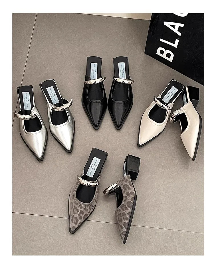 2026 New Summer Women Cover Toe Mules Slippers Fashion Metal Decoration Thick Heel Slide Shoes Comfort Street Style Footwear