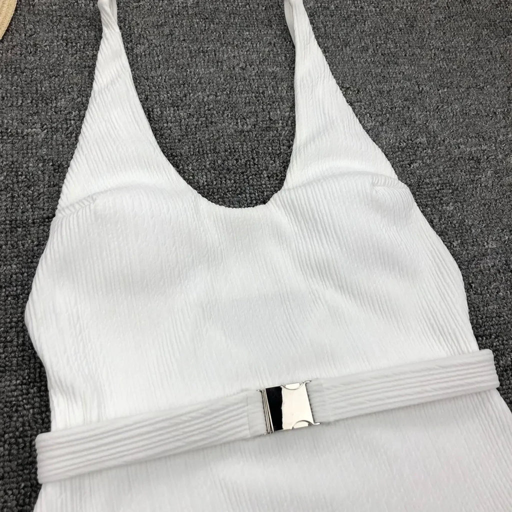 V Neck Ribbed High Leg Cut Women Swimwear One Piece Swimsuit Female Backless Monokini Bather Waist Belt Bathing Suit Swimwear