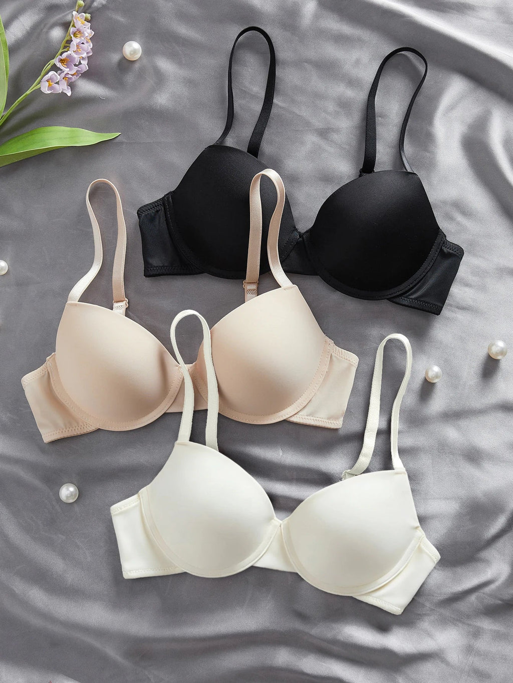 3Pcs Solid Women's Underwear Set Everyday Push up Bra Basic Underwire Bras Supportive and Comfortable Unpadded Women's Bra