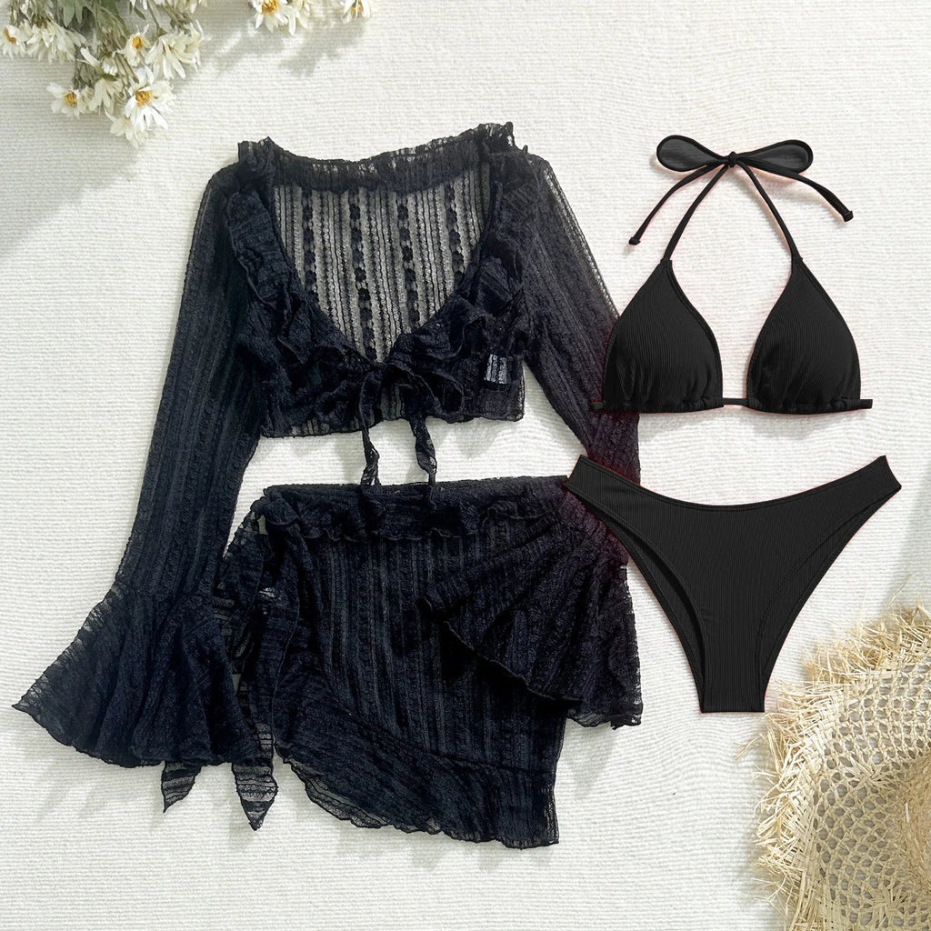 DEKA 4Pcs/Set Mesh Sheath Bikini Set Female Mini Camis Briefs Short Skirt Swimwear Fashion Drawstring Long Sleeve Boho Swimsuit
