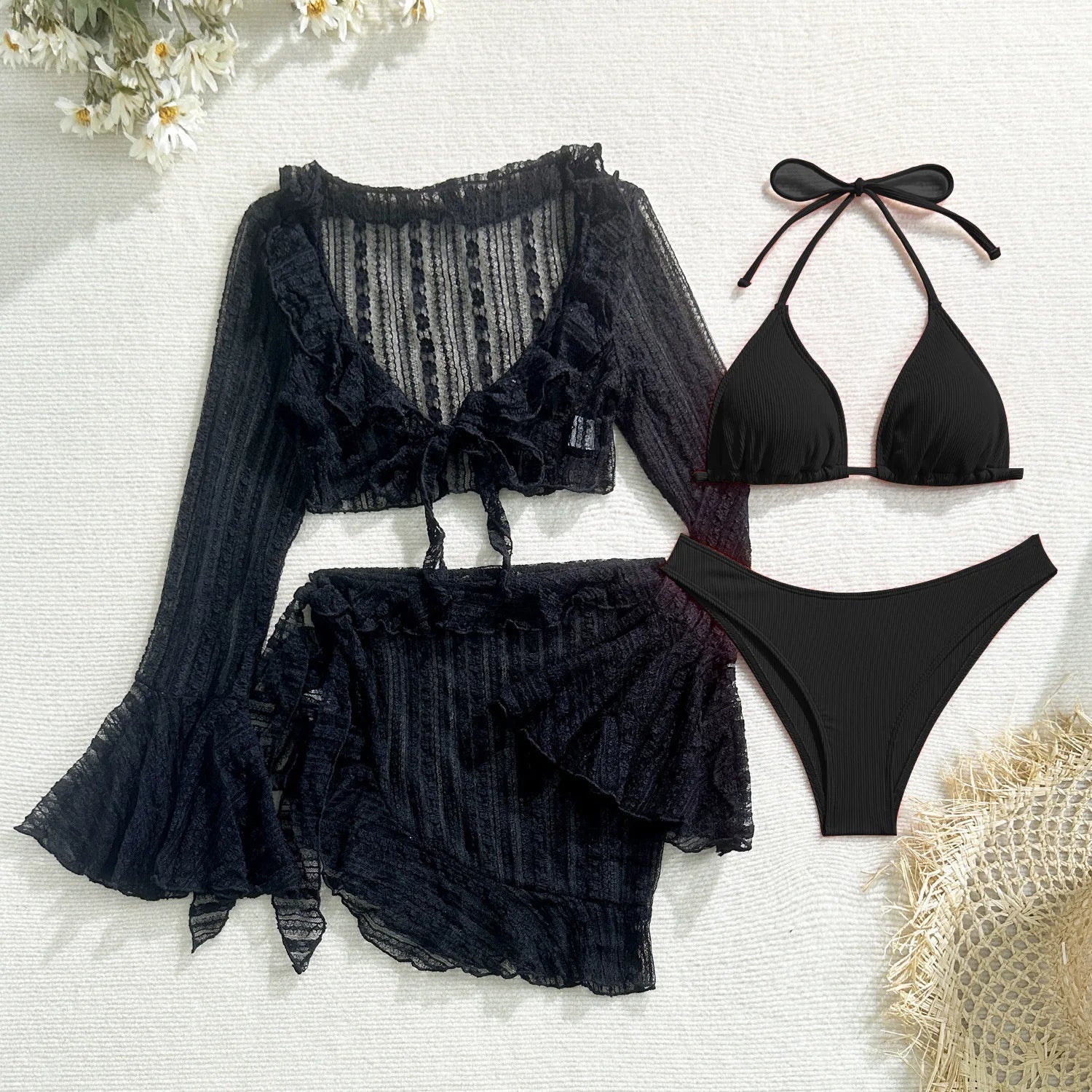 DEKA 4Pcs/Set Mesh Sheath Bikini Set Female Mini Camis Briefs Short Skirt Swimwear Fashion Drawstring Long Sleeve Boho Swimsuit