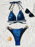 Shiny Metal Chains Rhinestone Diamond Bikini Female Swimsuit Women Swimwear Two-pieces Bikini Set Halter Bathing Suit Swim Lady