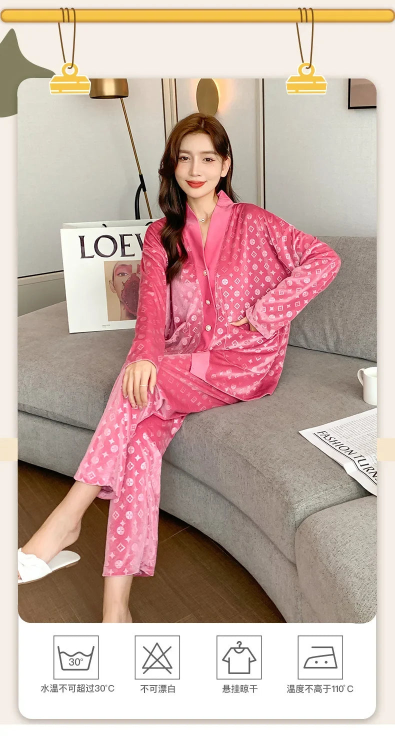 Autumn and winter new gold velvet pajamas V-neck Korean velvet sweet and sexy lace home clothes