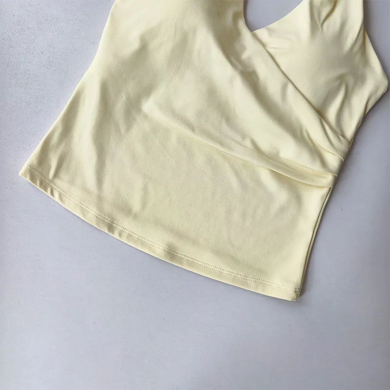 Sexy V-neck Cross Halter Neck Yoga Vest Sleeveless Sports Bra with Chest Pad Naked Sense Fitness Top with Beauty Back Design for