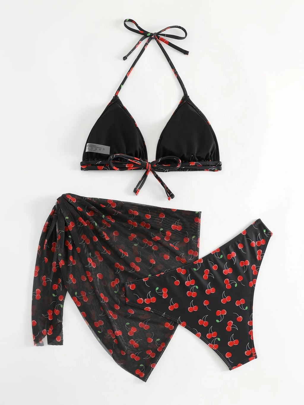Women French Chic Cherry Print Bikini Sets Three Pieces with Mesh Skirt Swimsuit Swimwear Bathing Suit Beach Outfits Biquini