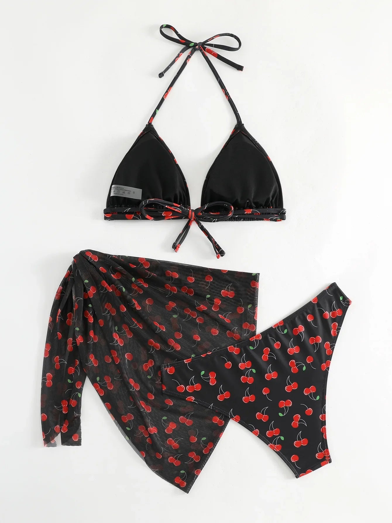 Women French Chic Cherry Print Bikini Sets Three Pieces with Mesh Skirt Swimsuit Swimwear Bathing Suit Beach Outfits Biquini