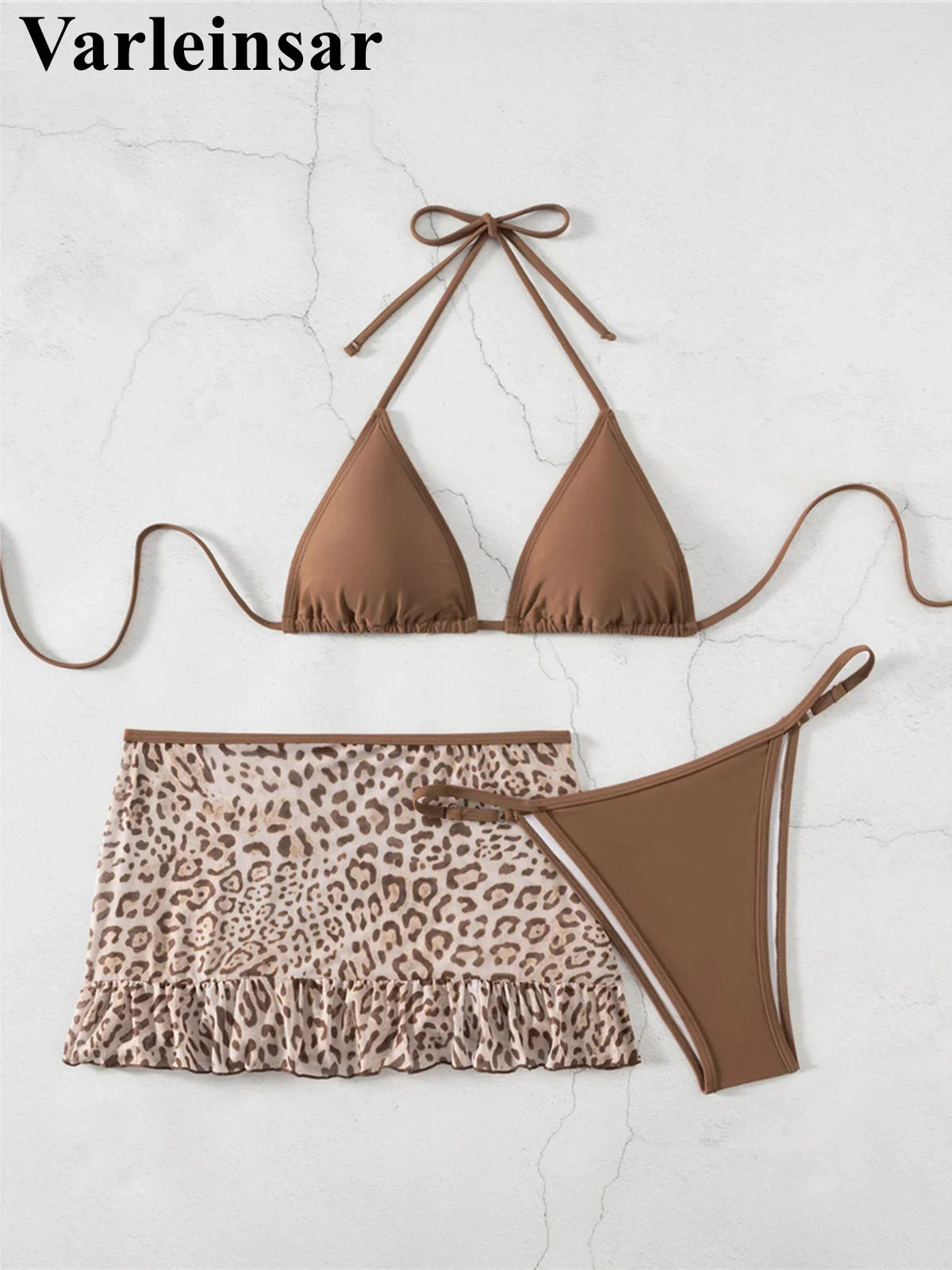 With Leopard Printed Skirt Halter Bikini Female Swimsuit Women Swimwear Three-Pieces Bikini Set Bather Bathing Suit Swim V8325