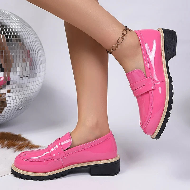 Patent Leather Thick Heels Loafers Women Spring New Mixed Color Med Heel Office Pumps Woman Plus Size 43 Slip On Single Shoes
