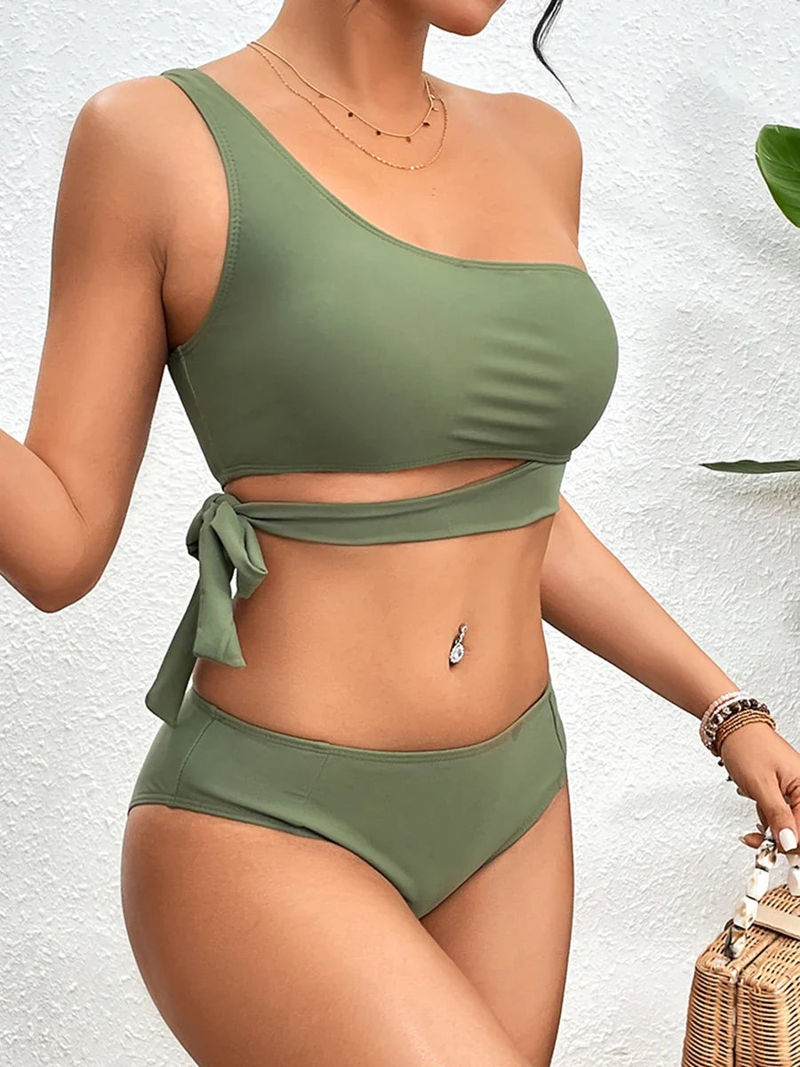 One Shoulder Bikini Set Sexy 2025 Swimsuit Women Solid Padded Swimwear Female Bathers Bathing Swimming Swim Suit Beachwear