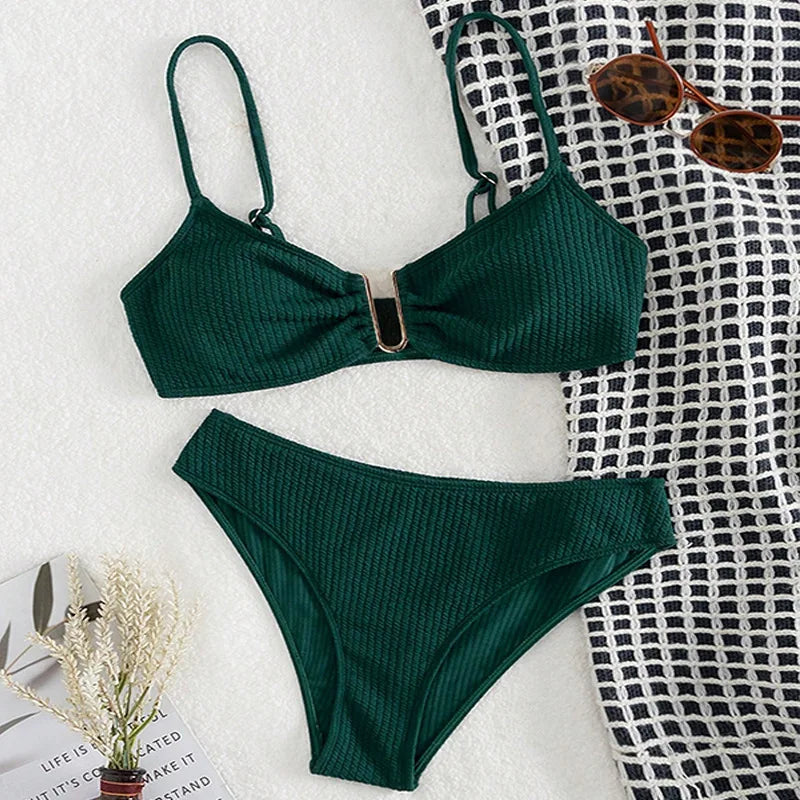 Sexy U-shape Metal Ribbed Jasper Bikinis Sets Two Pieces Thong Swimsuit Swimwear Bathing Suit Beach Outfits Biquini Tankini