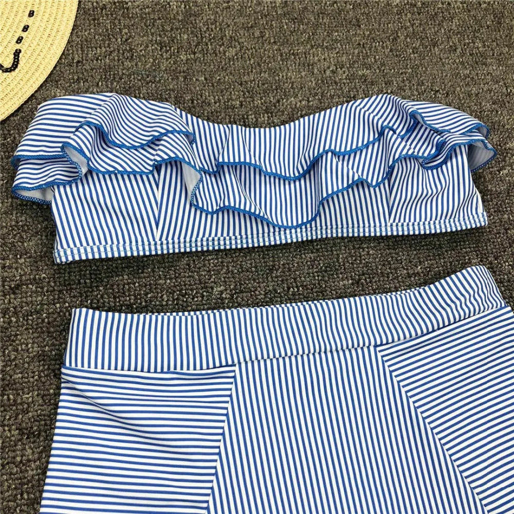 2025 Striped Top Ruffle High Waist Bikini Women Swimwear Female Swimsuit Two-pieces Bikini set Bandeau Bikinis Bathing Suit Swim