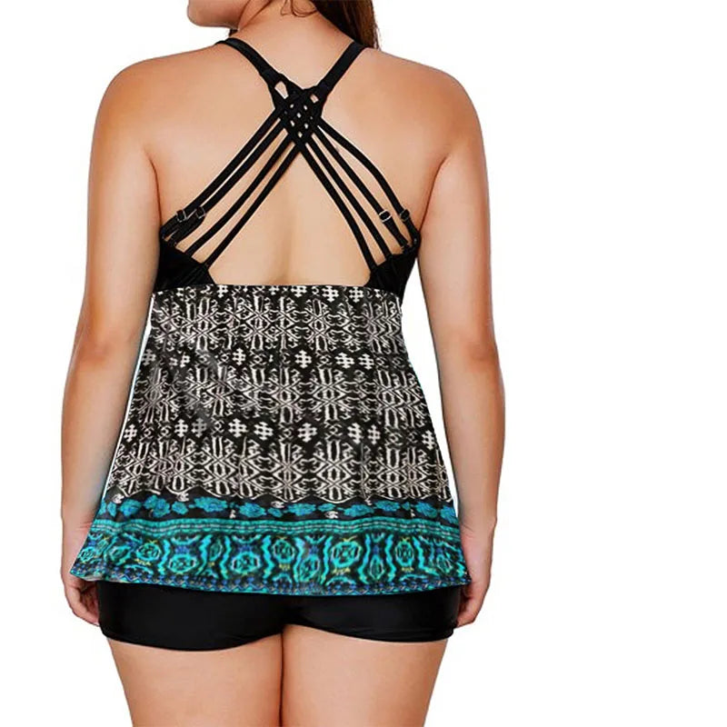 DEKA Women Plus Size Tankini Set  Floral Print Swimwear Push Up Two Piece Top+Shorts Sports Swimsuit Beachwear Bathing Suit