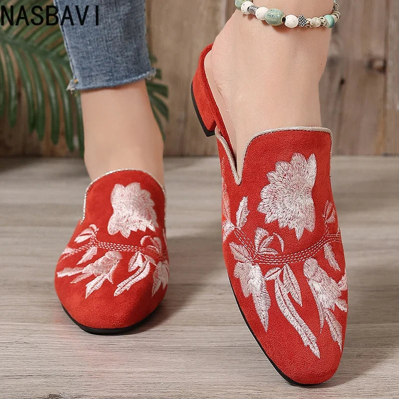 NASBAVI Fashion 3d Embroidery Mules Women Fur Slippers Velvet Shoes Ladies Low Heel Flower Decoration Sandals Women's Flip Flops
