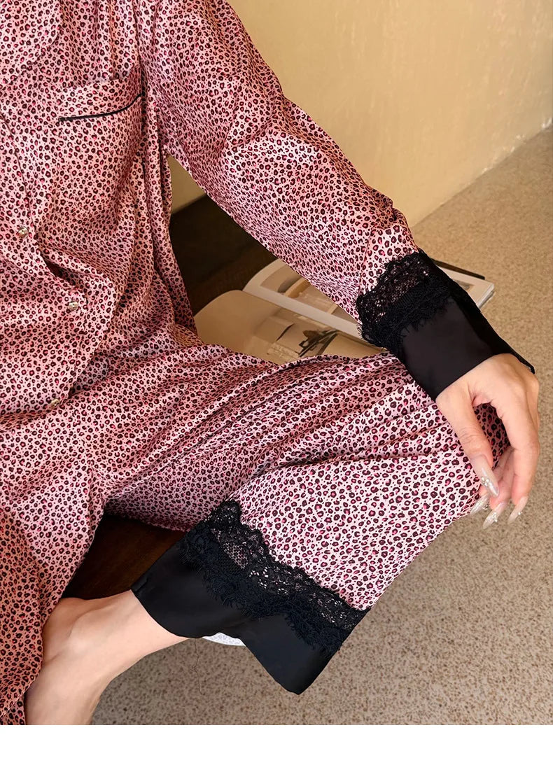 2026 Pajamas for Women Ice Silk Sexy Lace Small Leopard Print Long Sleeve Home Clothes Pajamas Set Can Be Weared Outside
