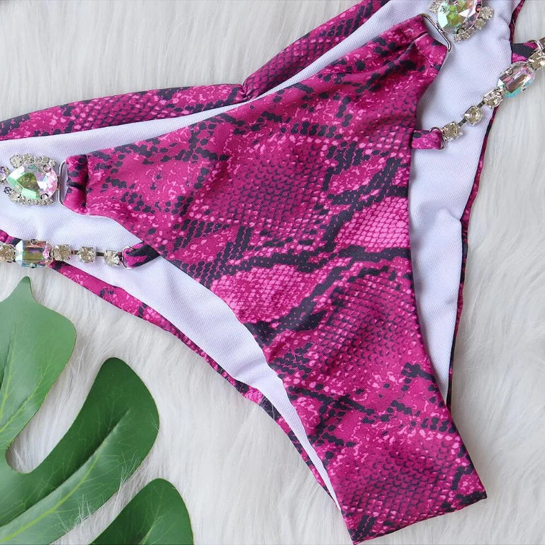 Bikini 2026 Sexy Snakeskin Print Luxe Crystal Diamond Chain Swimwear Swimsuit Women Bikinis Set Bathing Suit Beach Bikini Female