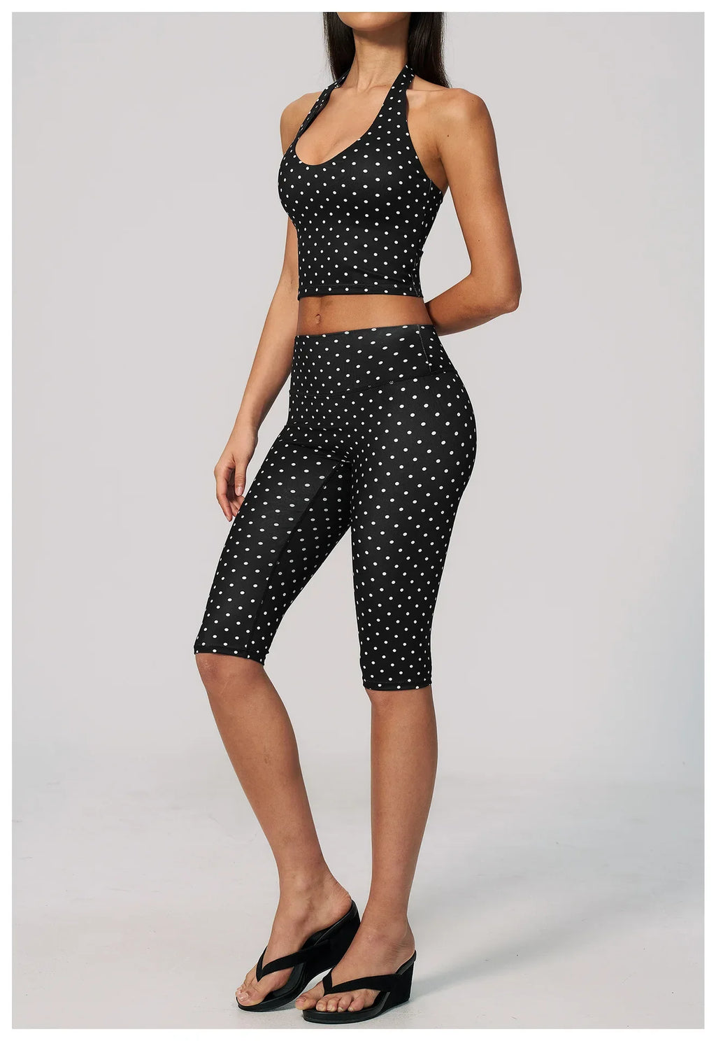 New Summer Women White Polka Dot Print Yoga Sets Hanging Neck Slim Sport Vest High Waist Mid Pants Gym Two-piece Workout Clothes