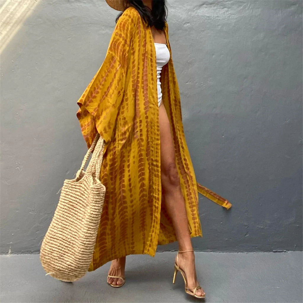 New 10 Colors Printed Long Sleeve With Belt Tunic Beach Cover Up Cover-ups Beach Dress Beach Wear Beachwear Female Women V4521