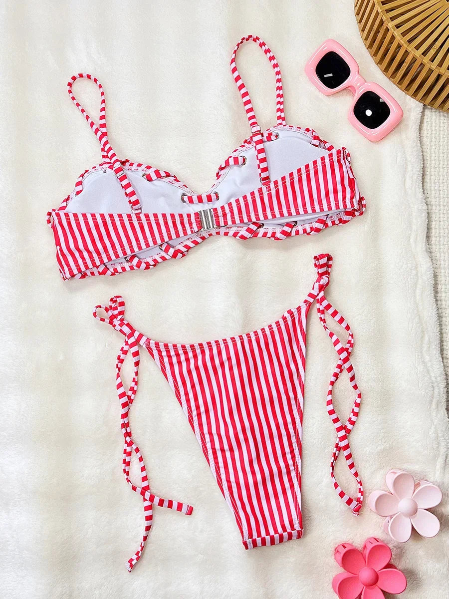 Striped Strappy Bikini Women Swimwear Female Swimsuit Two-pieces Bikini Set High Leg Cut Padded Bather Bathing Suit Swim Lady
