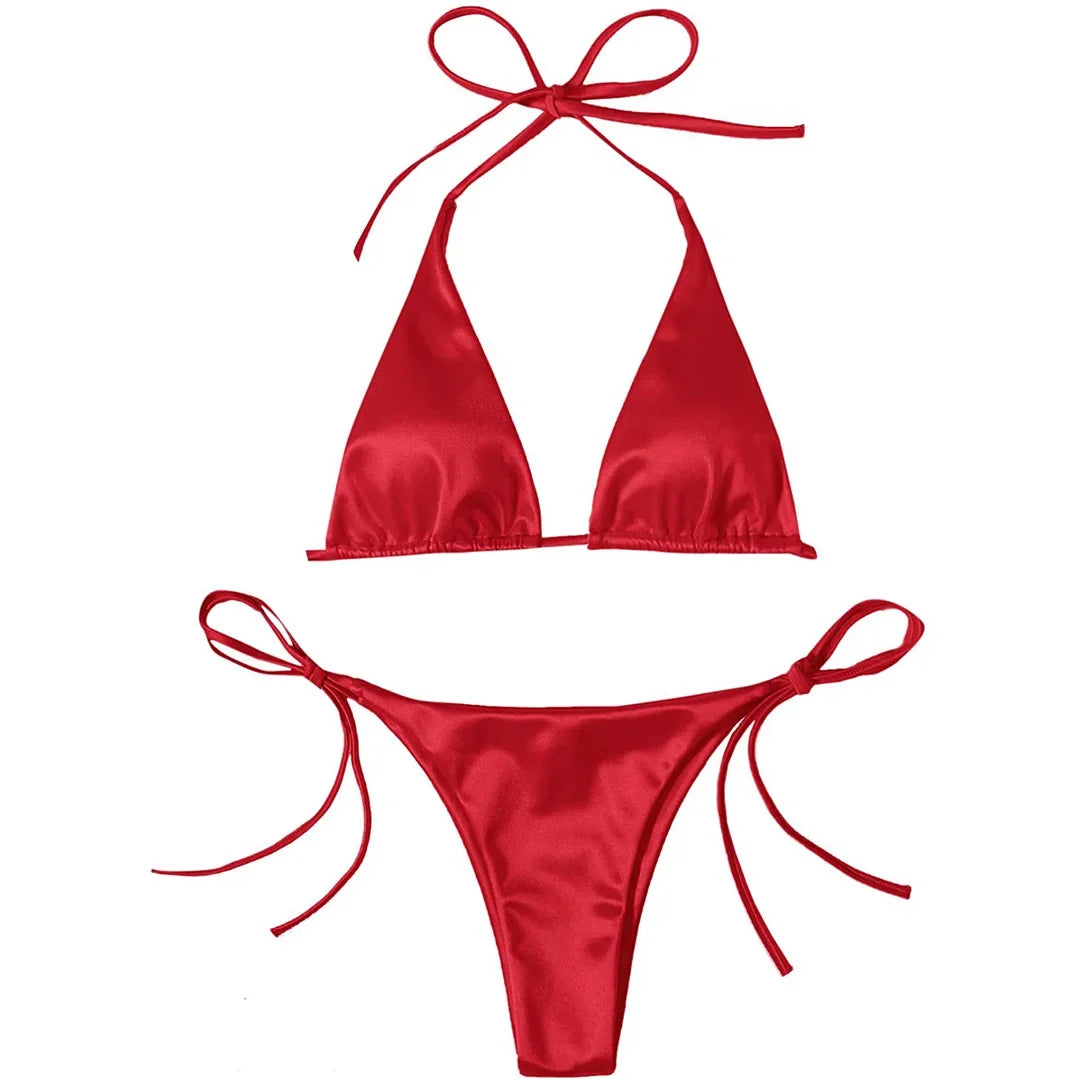 Sexy 13 Colors Halter Satin Brazilian Bikini Women Swimwear Female Swimsuit Two-pieces Bikini set Bather Bathing Suit Swim V4966