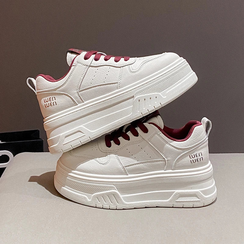 Pu Leather Thick Bottom Sneakers Women 2025 Breathable Platform Vulcanised Shoes Woman Womens All Match Lace Up Casual Sneakers
