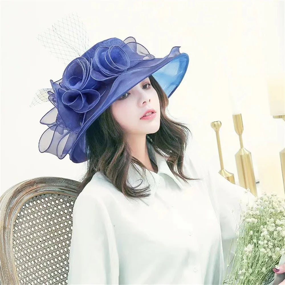 Women Organza Hat 3D Flower Wide Brim Top Hat French Sun Caps for Church Tea Party Wedding