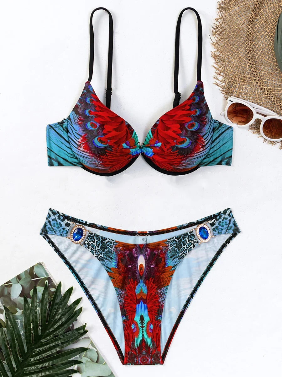 Peacock Leopard Printed Underwired Bra Cup Bikini Women Swimwear Female Swimsuit Two-pieces Bikini Set Push Up Bathing Suit Swim