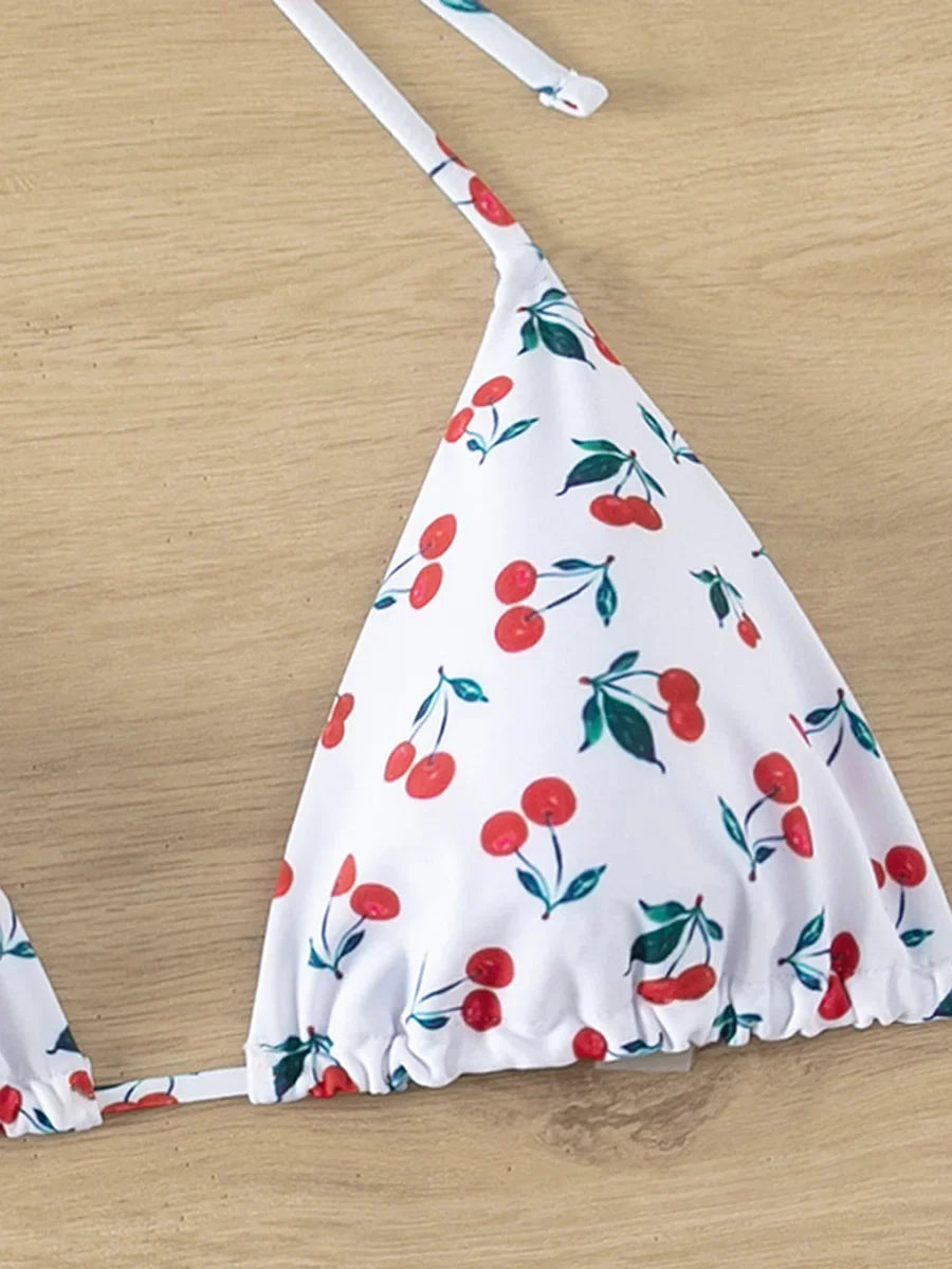 XS - L Cherry Print Halter Strappy Bikini Female Swimsuit Women Swimwear Two-pieces Bikini Set Tie Side Bather Bathing Suit Swim